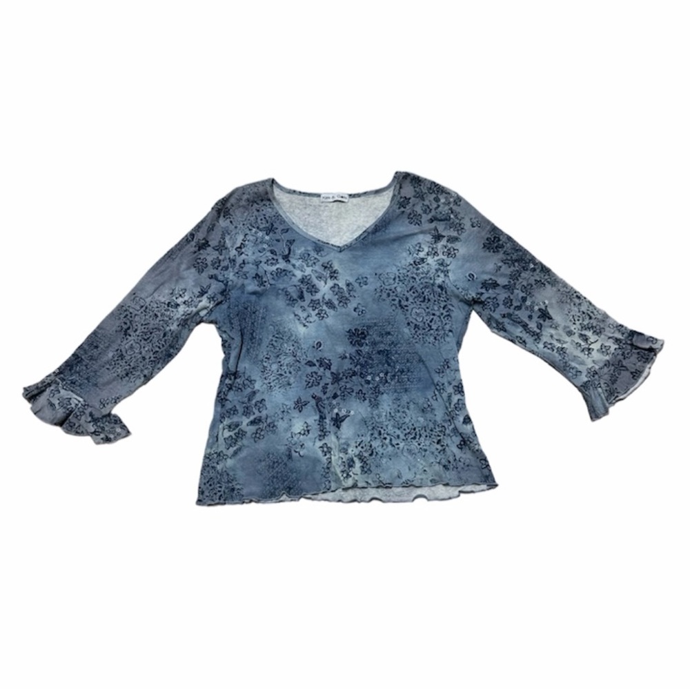 Kim and Cami VTG Y2K Blue Floral Top Size M L Half sleeve Made in USA Fairycore